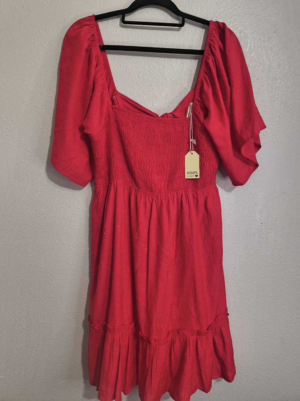 JODIFL Red Smocked Puff Sleeve Ruffle Midi Dress Tie-Back Size L